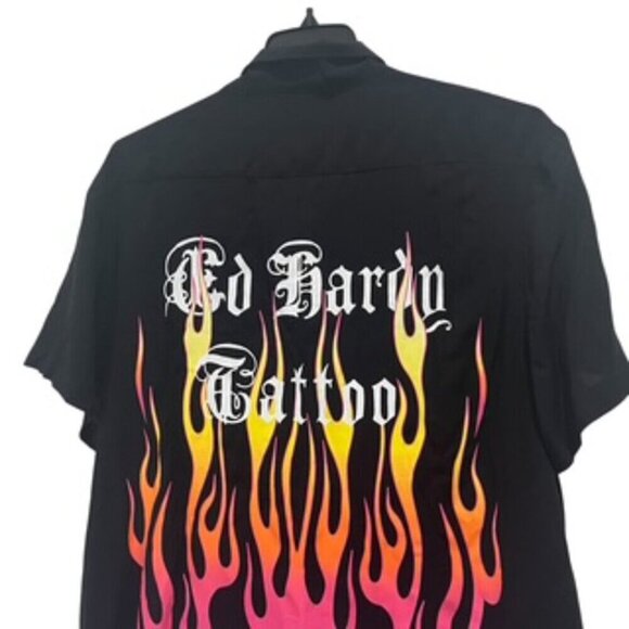 NEW Ed‎ Hardy Tattoo Black Button up Camp Shirt Men's xL Flames Button Up… - Picture 4 of 12